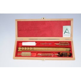 Shotgun cleaning kit with three-piece wooden cleaning rod.