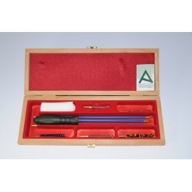 Rifle cleaning kit with three-piece plastic coated steel cleaning rod.