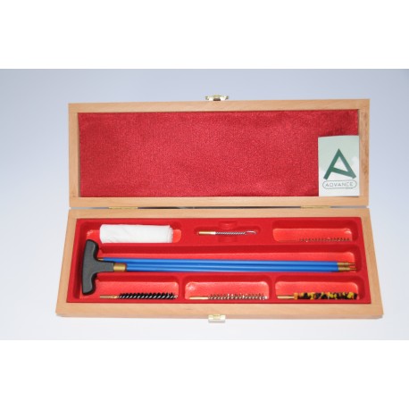 Rifle cleaning kit with three-piece plastic coated steel cleaning rod.