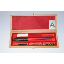 Cleaning kit for pistol or revolver with one-piece plastic coated steel cleaning rod.