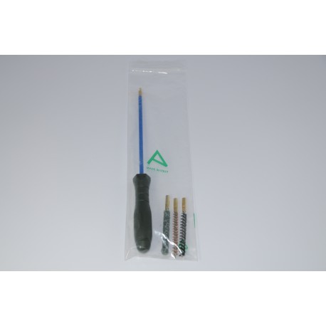 Cleaning kit for pistol or revolver with onepiece plastic coated steel cleaning rod.