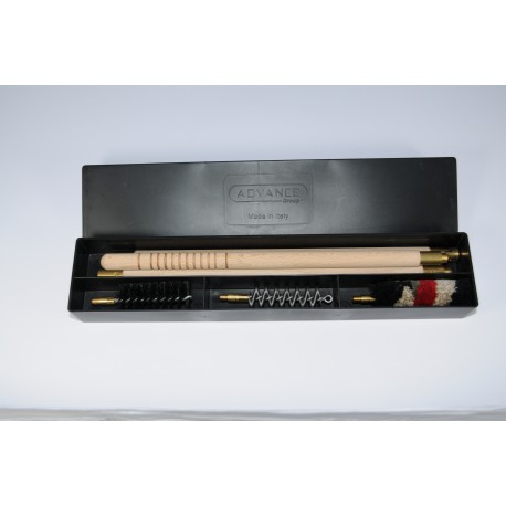 Shotgun cleaning kit with three-piece wooden cleaning rod.