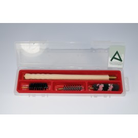 Shotgun cleaning kit with three-piece wooden cleaning rod.