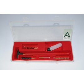 Cleaning kit for pistol or revolver with one-piece brass cleaning rod.