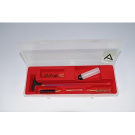 Cleaning kit for pistol or revolver with one-pieces plastic coated steel cleaning rod.
