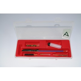 Cleaning kit for pistol or revolver with one-piece plastic coated steel cleaning rod.