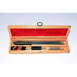 Shotgun cleaning kit in wooden box with three-piece plastic coated steel cleaning rod anatomical handle .